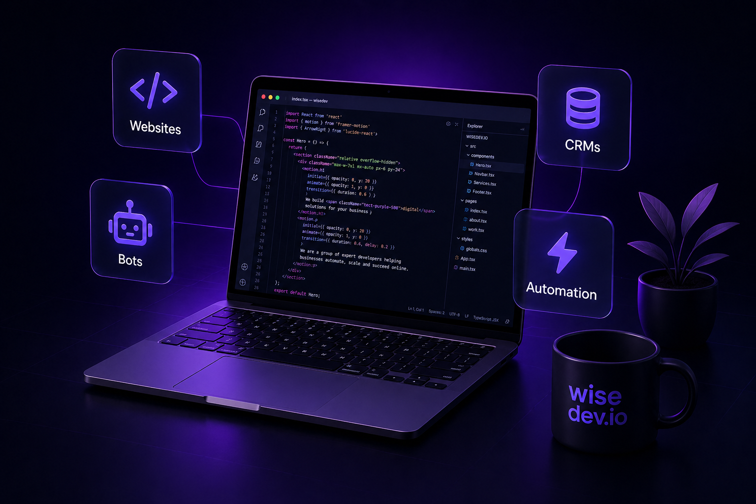 Laptop showing wisedev.io code, surrounded by Websites, CRMs, Bots and Automation cards